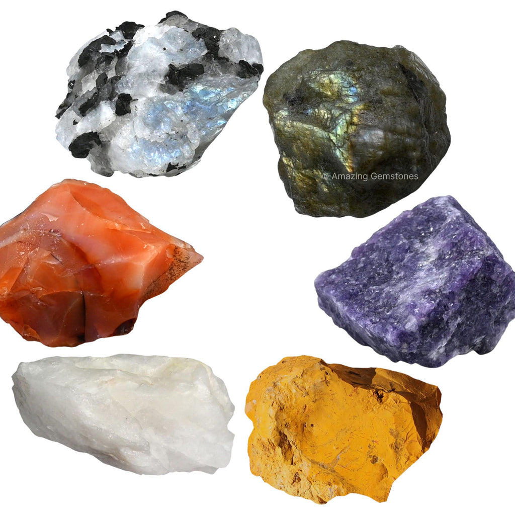 Crystals for Teenagers Manifestation, Set of 6 Labradorite, Lepidolite, Rainbow Moonstone, Carnelian, White Agate and Yellow Jas