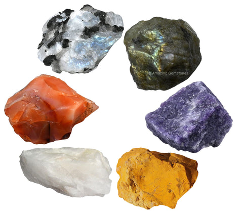 Crystals for Teenagers Manifestation, Set of 6 Labradorite, Lepidolite, Rainbow Moonstone, Carnelian, White Agate and Yellow Jas