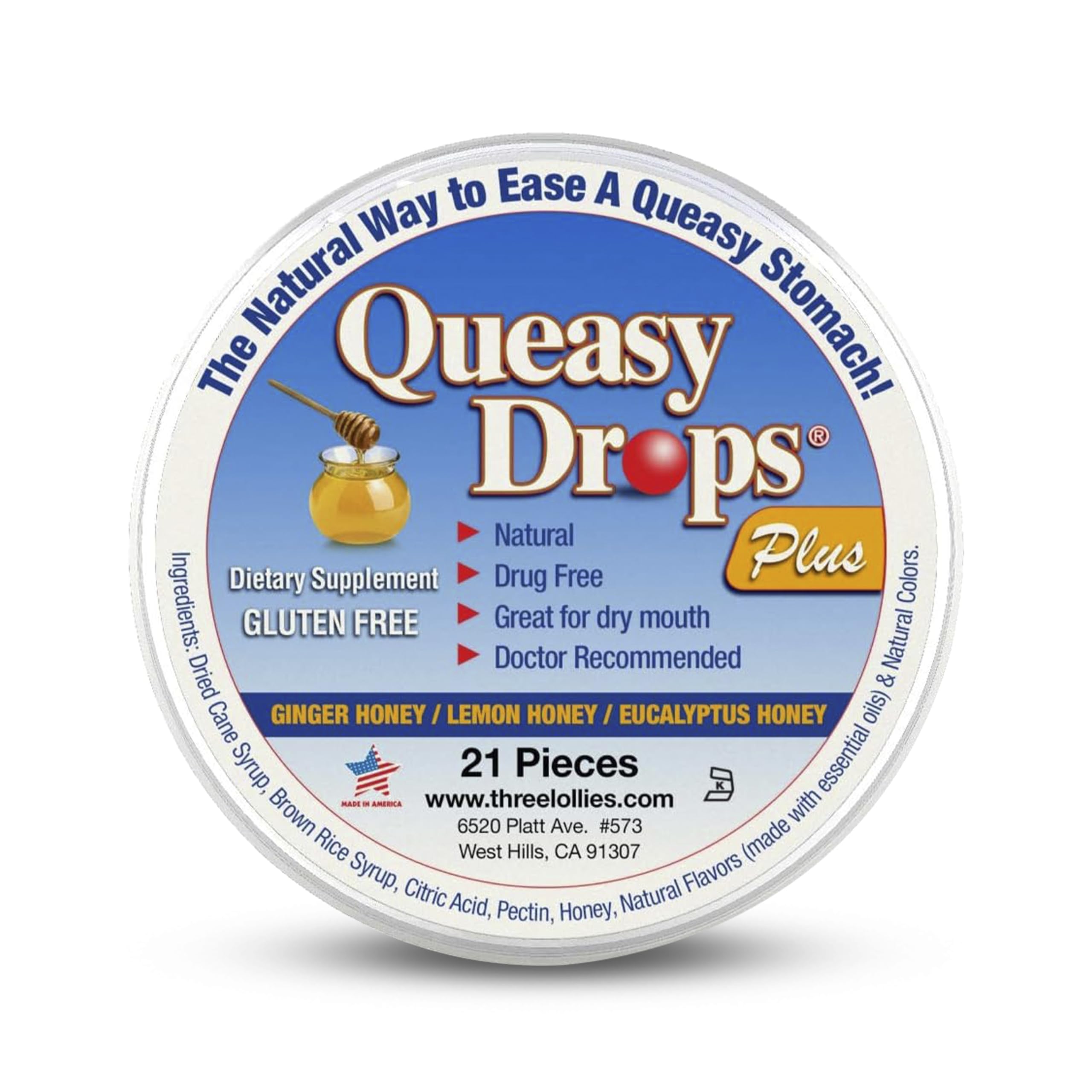 Three Lollies Queasy Drops Plus - Lozenges with Pectin & Honey to Soothe a Dry Mouth - Alleviate Nausea & Motion Sickness - Natu