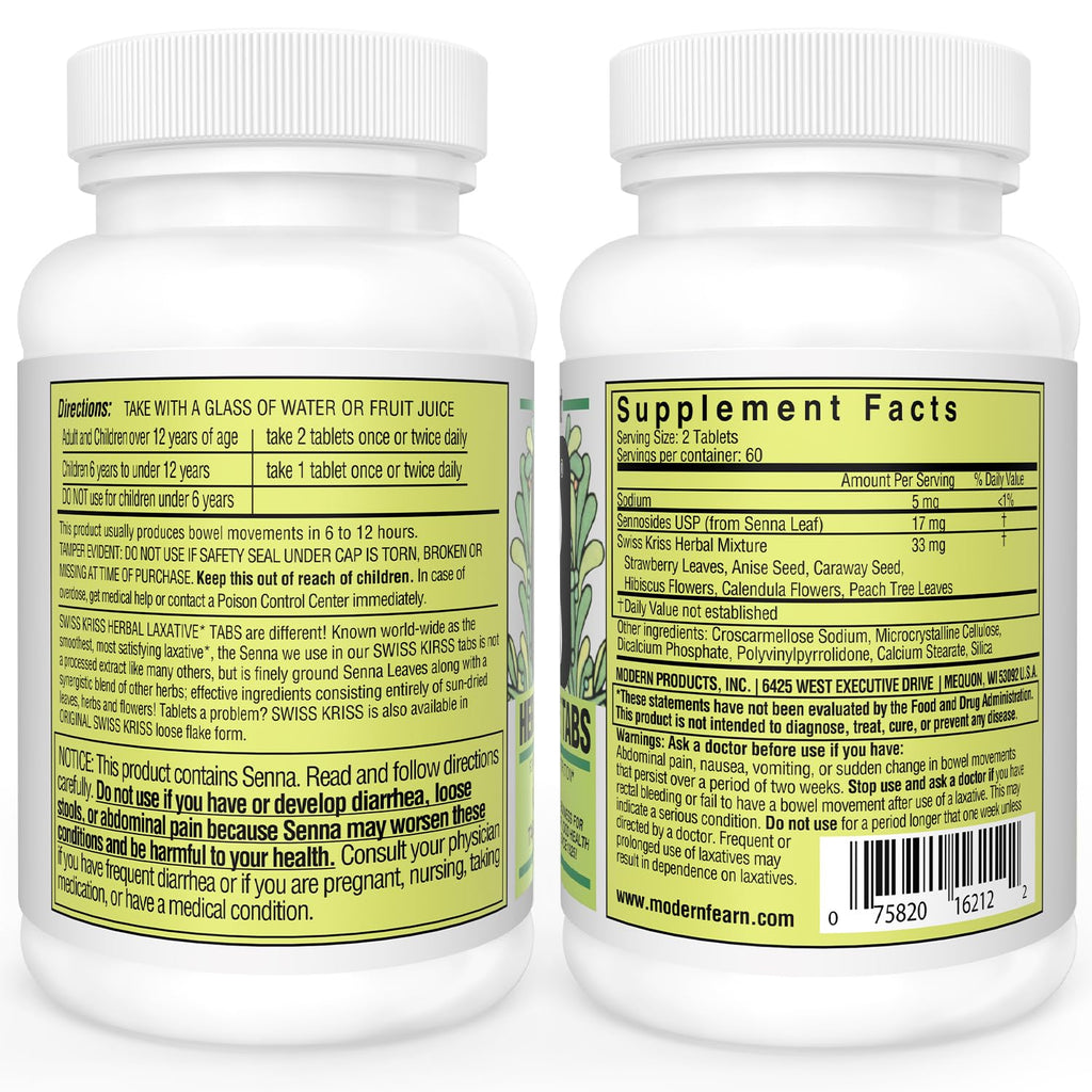 Swiss Kriss Herbal Laxative Tablets, Gentle & Natural Laxatives for Constipation Relief for Adults & Children Over Age 6, Works