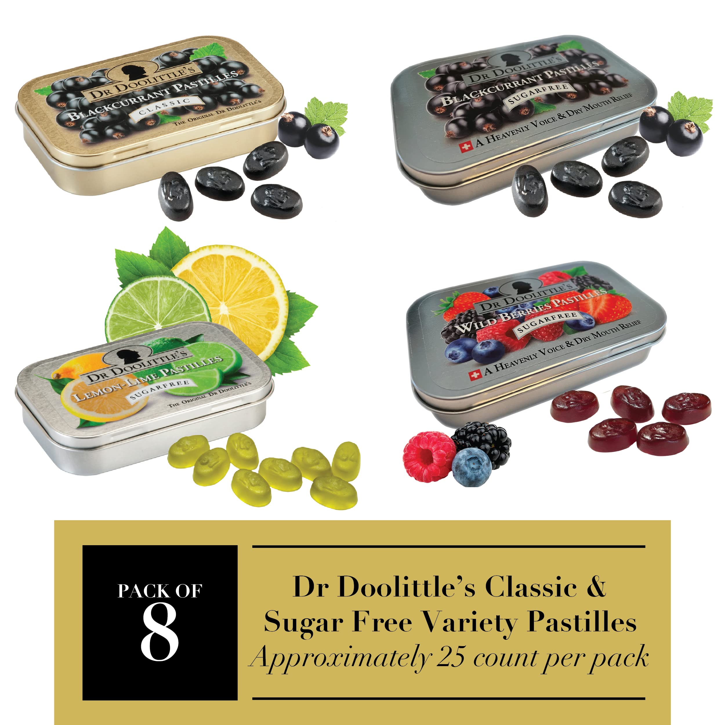 DOOLITTLE Dr Soft Fruit Pastilles Classic and Sugar Free Variety Pack for Voice and Throat, Blackcurrant, Lemon Lime, and Wild B