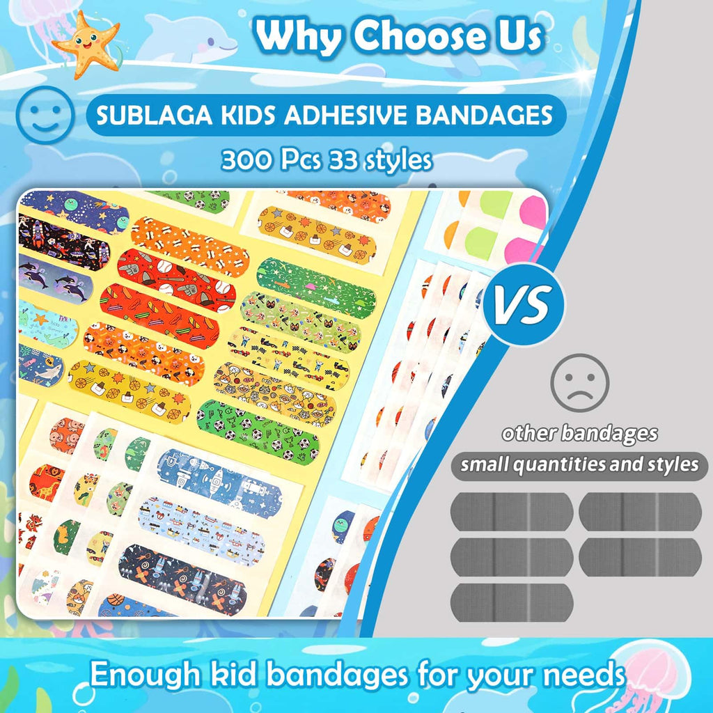 Sublaga 33 Style Kids Cartoon Bandages 300 Pcs Cute Bandages Adhesive Flexible Colorful Bandage Toddler Bandage Waterproof Prote