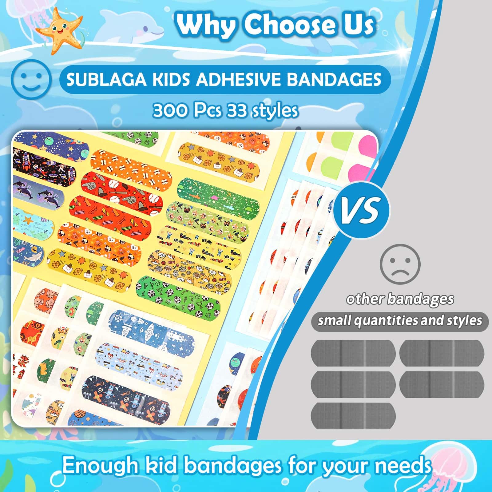 Sublaga 33 Style Kids Cartoon Bandages 300 Pcs Cute Bandages Adhesive Flexible Colorful Bandage Toddler Bandage Waterproof Prote