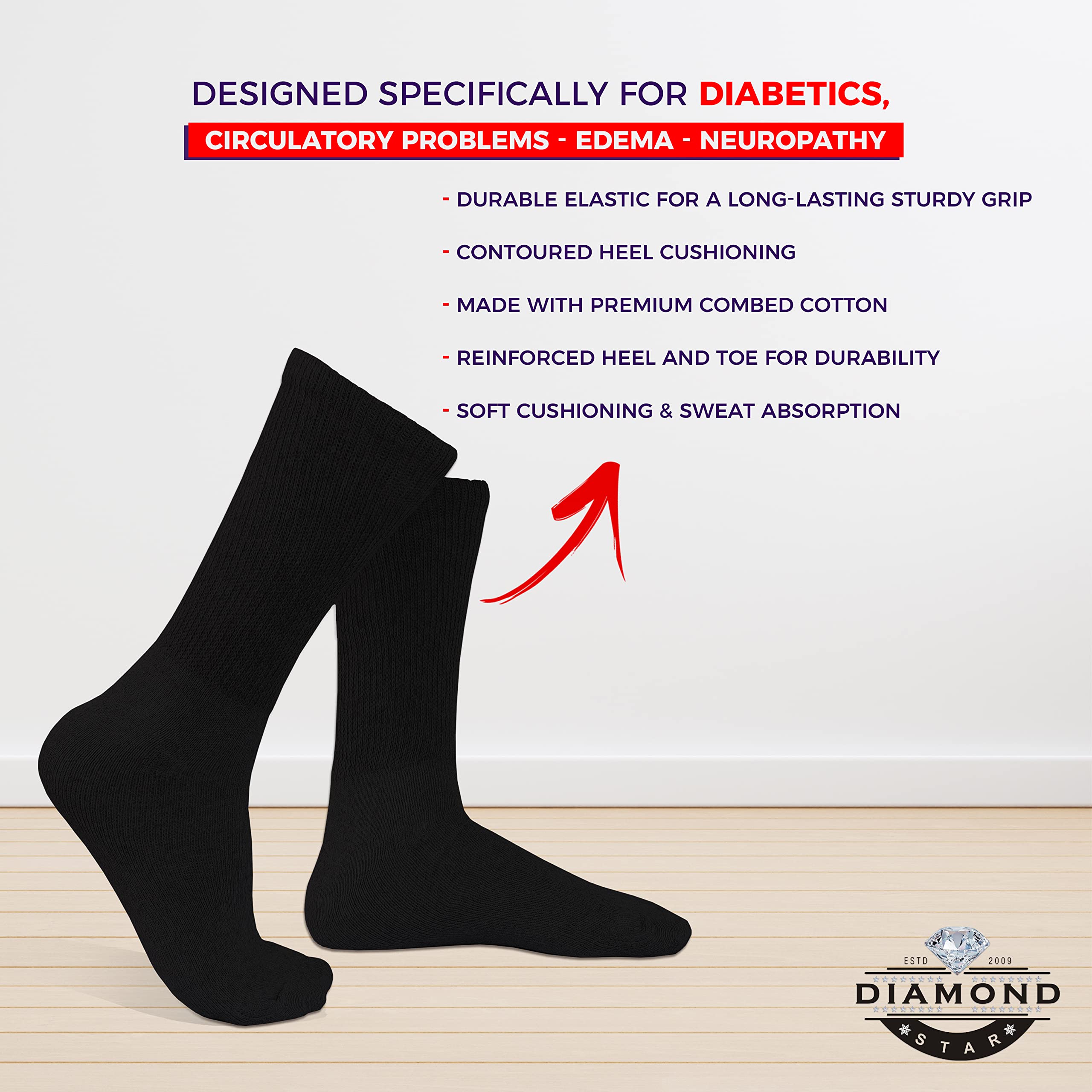Diamond Star Diabetic Socks, Non-Binding Circulatory Cushion Cotton Crew Diabetic Socks for Mens Womens 9-11 (3 Pairs Black)
