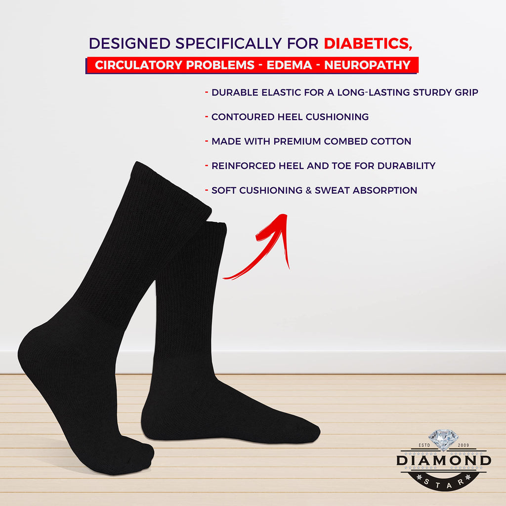 Diamond Star Diabetic Socks, Non-Binding Circulatory Cushion Cotton Crew Diabetic Socks for Mens Womens 9-11 (3 Pairs Black)