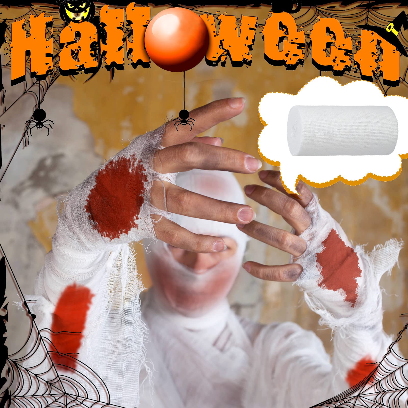 BBTO 6 Rolls Halloween Performance Mummify Cotton Bandages Gauze Rolls White Gauze Wrap Zombie Crepe Bandage Cosplay Mummy Stret