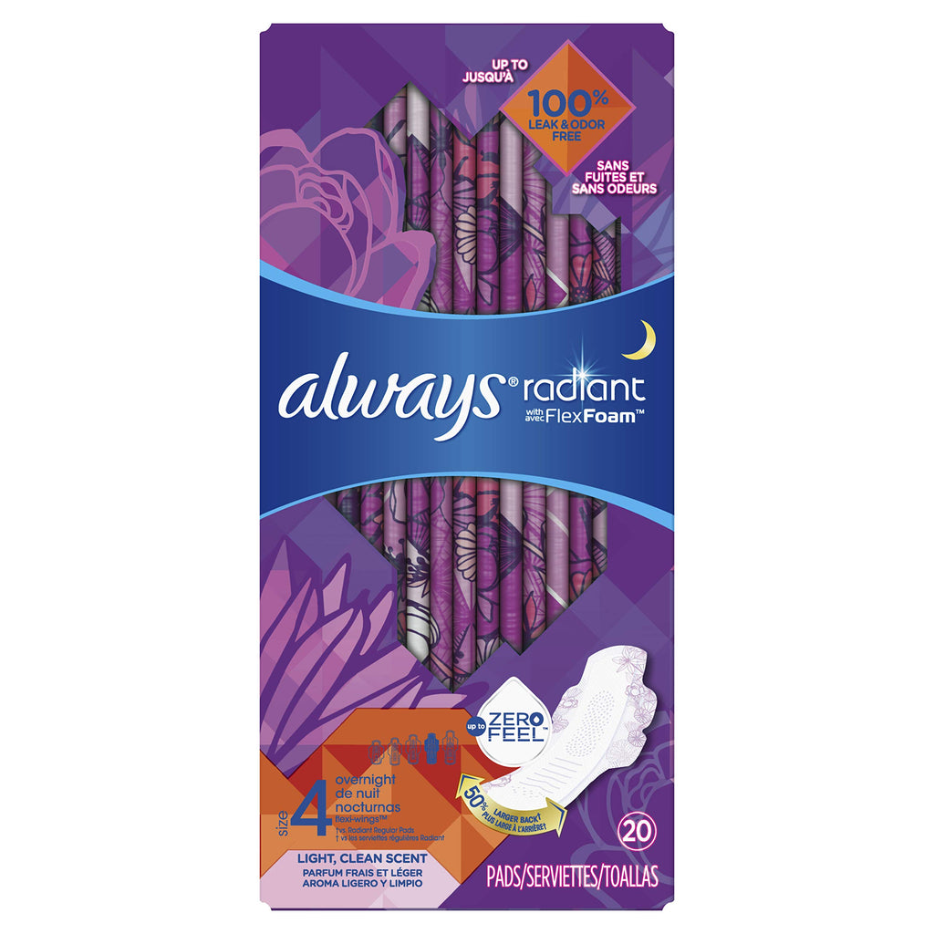 ALWAYS Radiant, Size 4, Overnight Sanitary Pads With Wings, Scented, 20 Count