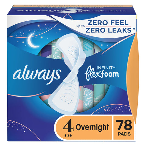 Always Infinity Feminine Pads For Women, Size 4 Overnight Absorbency, Multipack, With Flexfoam, With Wings, Unscented, 26 Count 