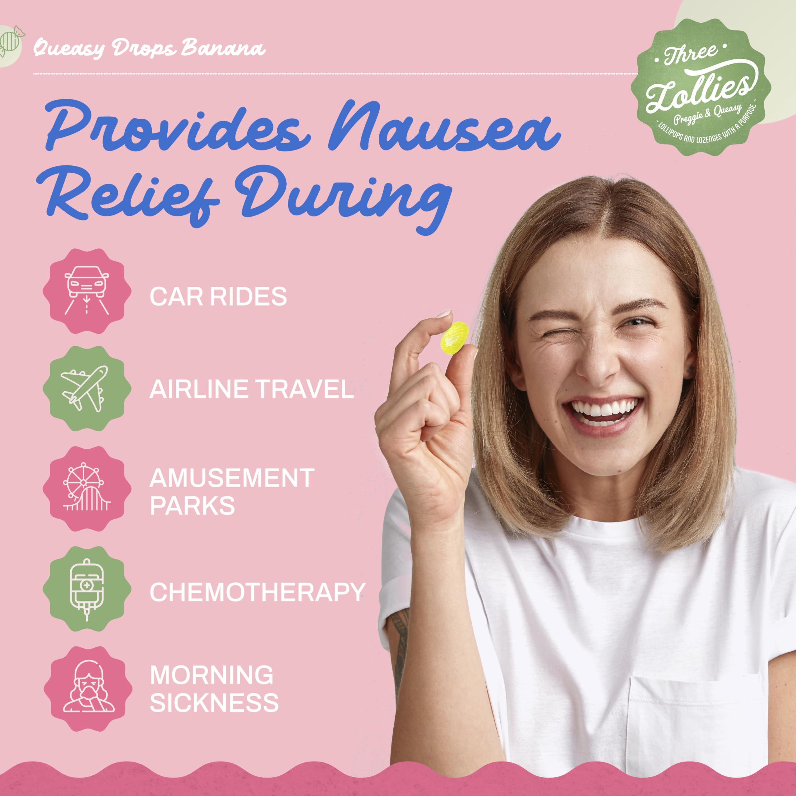 Three Lollies Queasy Drops - Banana Flavor - Relief from Nausea & Travel Sickness, Soothes a Dry Mouth & Settles Stomach - Natur