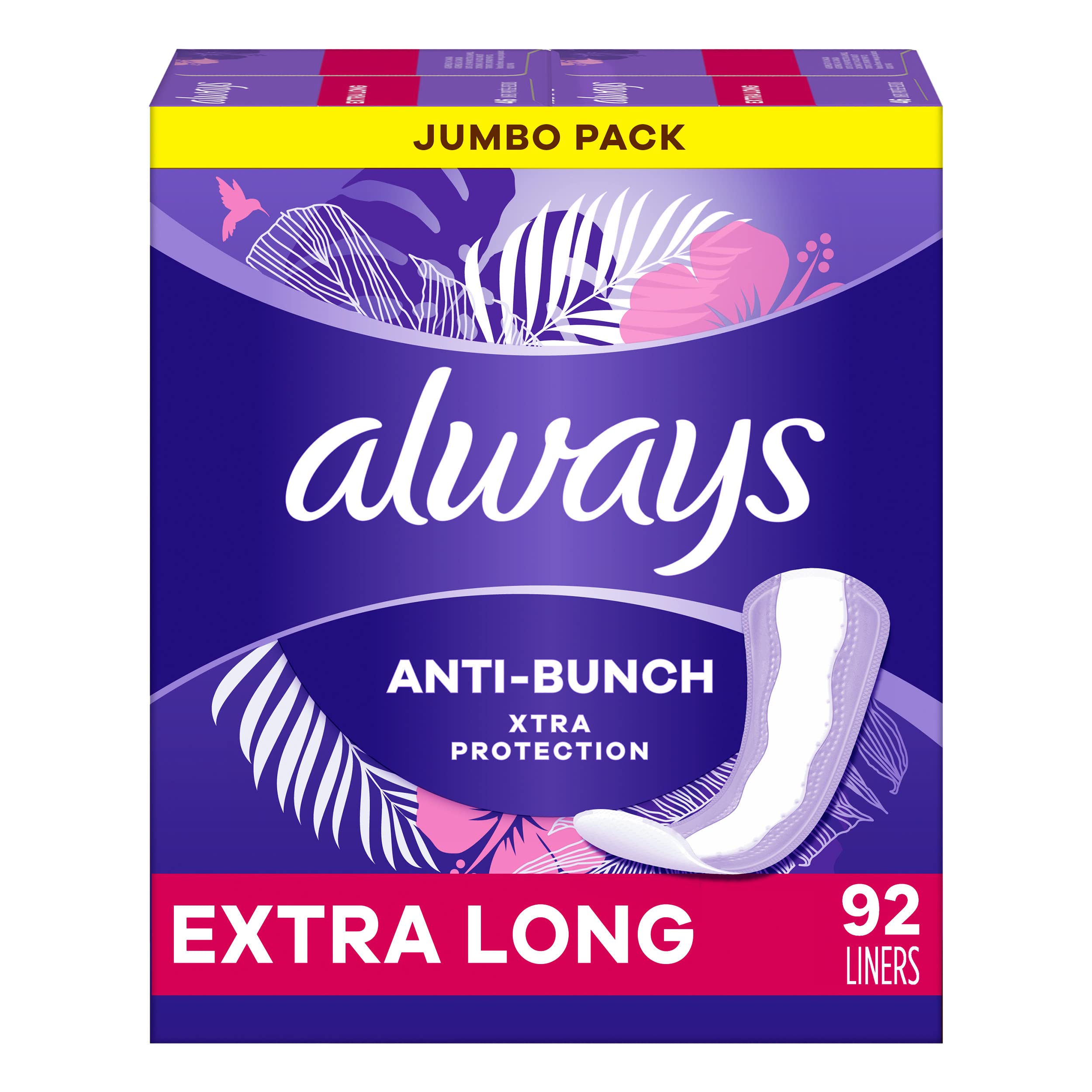 Always Anti-Bunch Xtra Protection, Panty Liners for Women, Light Absorbency, Extra Long Length, Leakguard + Rapiddry, Unsented, 