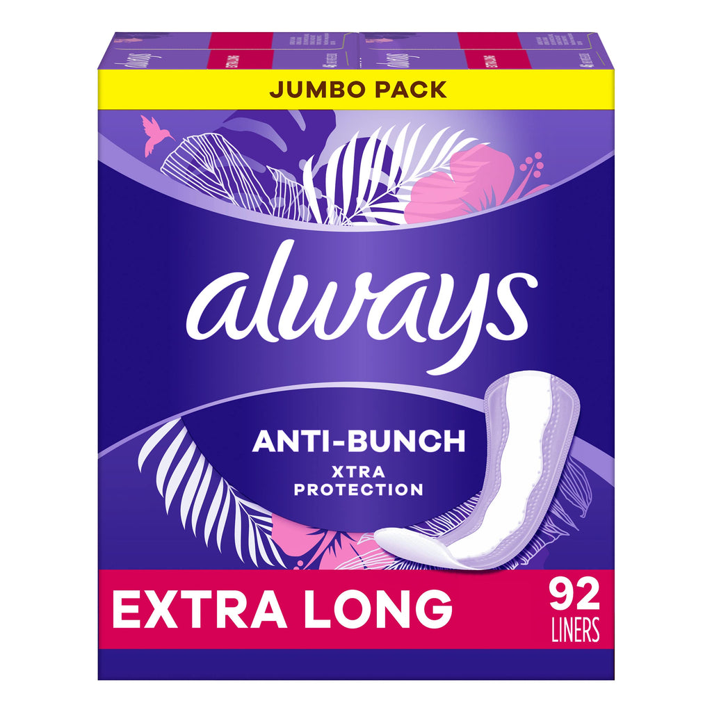 Always Anti-Bunch Xtra Protection, Panty Liners for Women, Light Absorbency, Extra Long Length, Leakguard + Rapiddry, Unsented, 