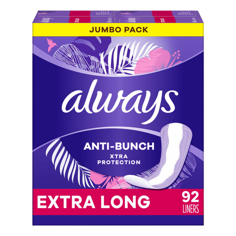 Always Anti-Bunch Xtra Protection, Panty Liners for Women, Light Absorbency, Extra Long Length, Leakguard + Rapiddry, Unsented, 