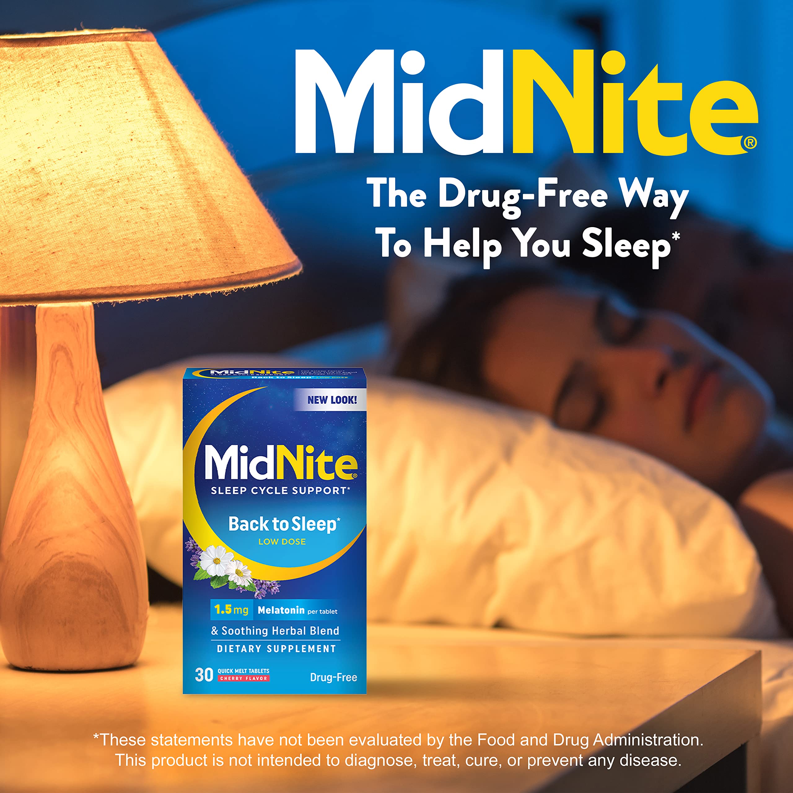 MidNite Back to Sleep Low Dose, 1.5 mg Melatonin Sleep Aid, Non-Habit Forming, Herbal Dietary Supplement for Adults, Drug-Free,