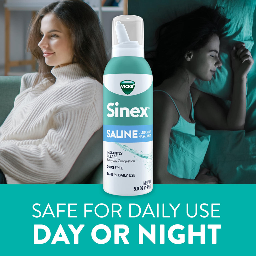 Vicks Sinex SALINE Nasal Spray, Drug Free Ultra Fine Mist, Clear Everyday Sinus Congestion Fast, Clear Mucus from a Cold or Alle