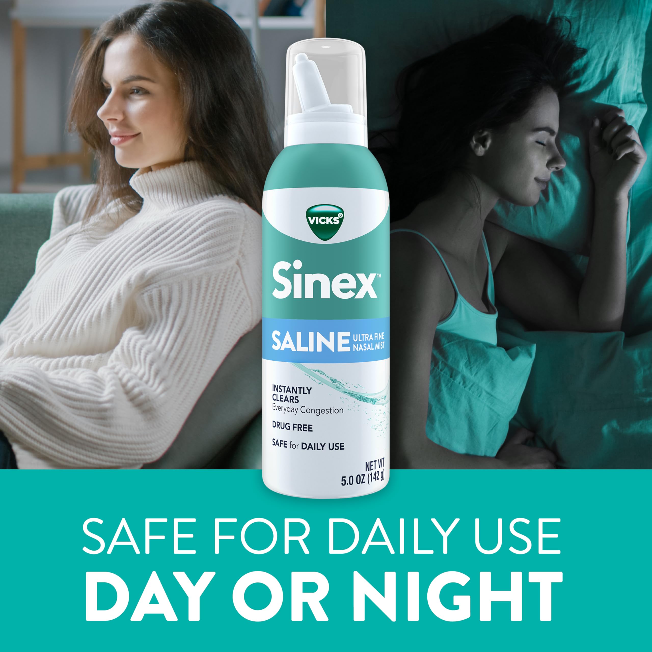 Vicks Sinex SALINE Nasal Spray, Drug Free Ultra Fine Mist, Clear Everyday Sinus Congestion Fast, Clear Mucus from a Cold or Alle
