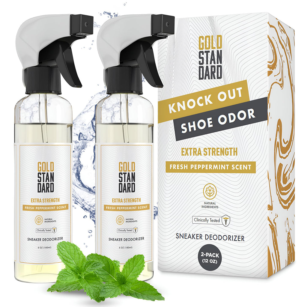 Gold Standard Natural Sneaker Deodorizer Spray, 2 Pack, 6 oz Shoe Odor Eliminator, Extra Strength & Long-Lasting Peppermint Fres