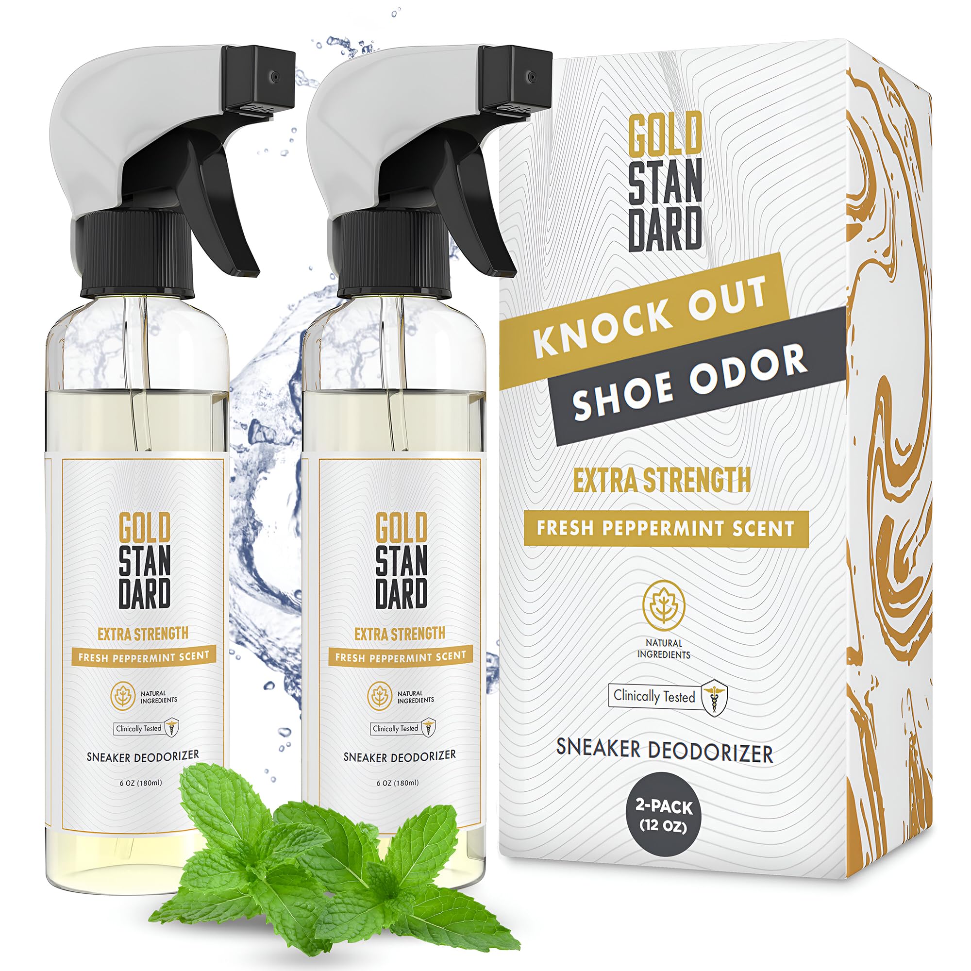 Gold Standard Natural Sneaker Deodorizer Spray, 2 Pack, 6 oz Shoe Odor Eliminator, Extra Strength & Long-Lasting Peppermint Fres