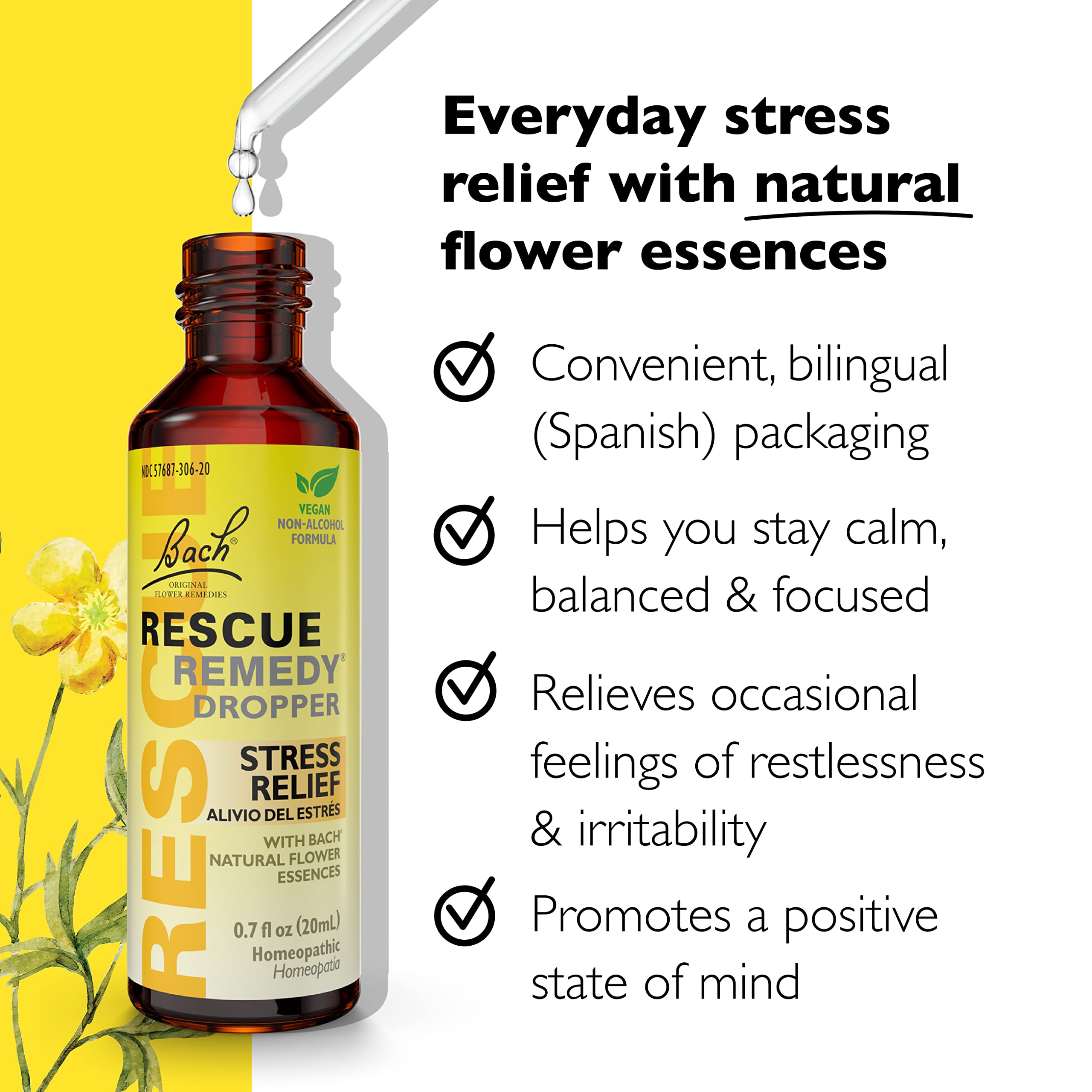Bach RESCUE Remedy Dropper 20mL, Natural Stress Relief, Homeopathic Flower Essence, Vegan, Gluten & Sugar-Free, Non-Habit Formin