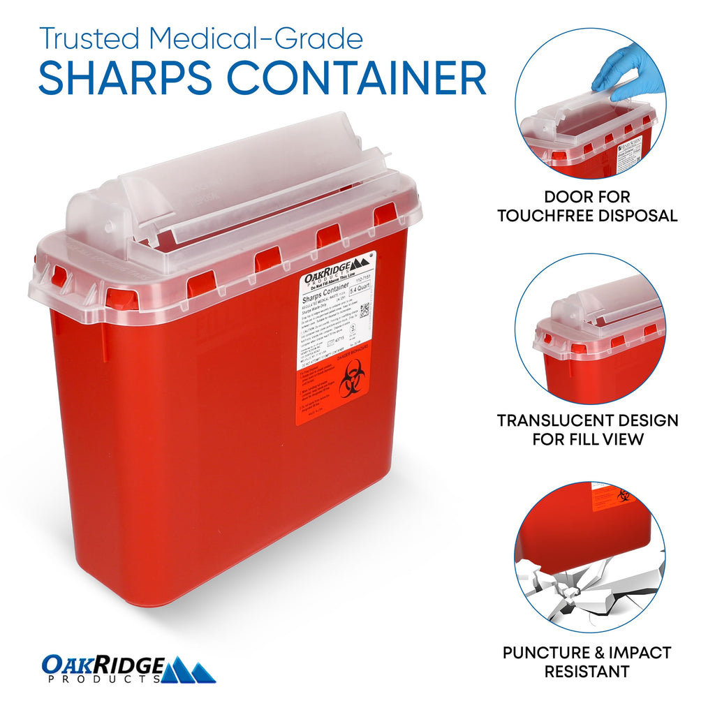 Oakridge Products Transparent Sharps Container for Home Use and Professional 5.4 Quart (1-Pack), Touchless Biohazard Needle and