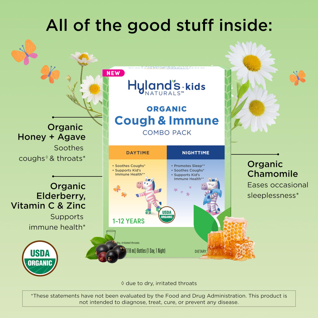 Hylands Kids Organic Cough and Immune Day and Night Combo Pack, Eases Coughs, Supports Immunity, Promotes Sleep, Two 4 Fl Oz. B