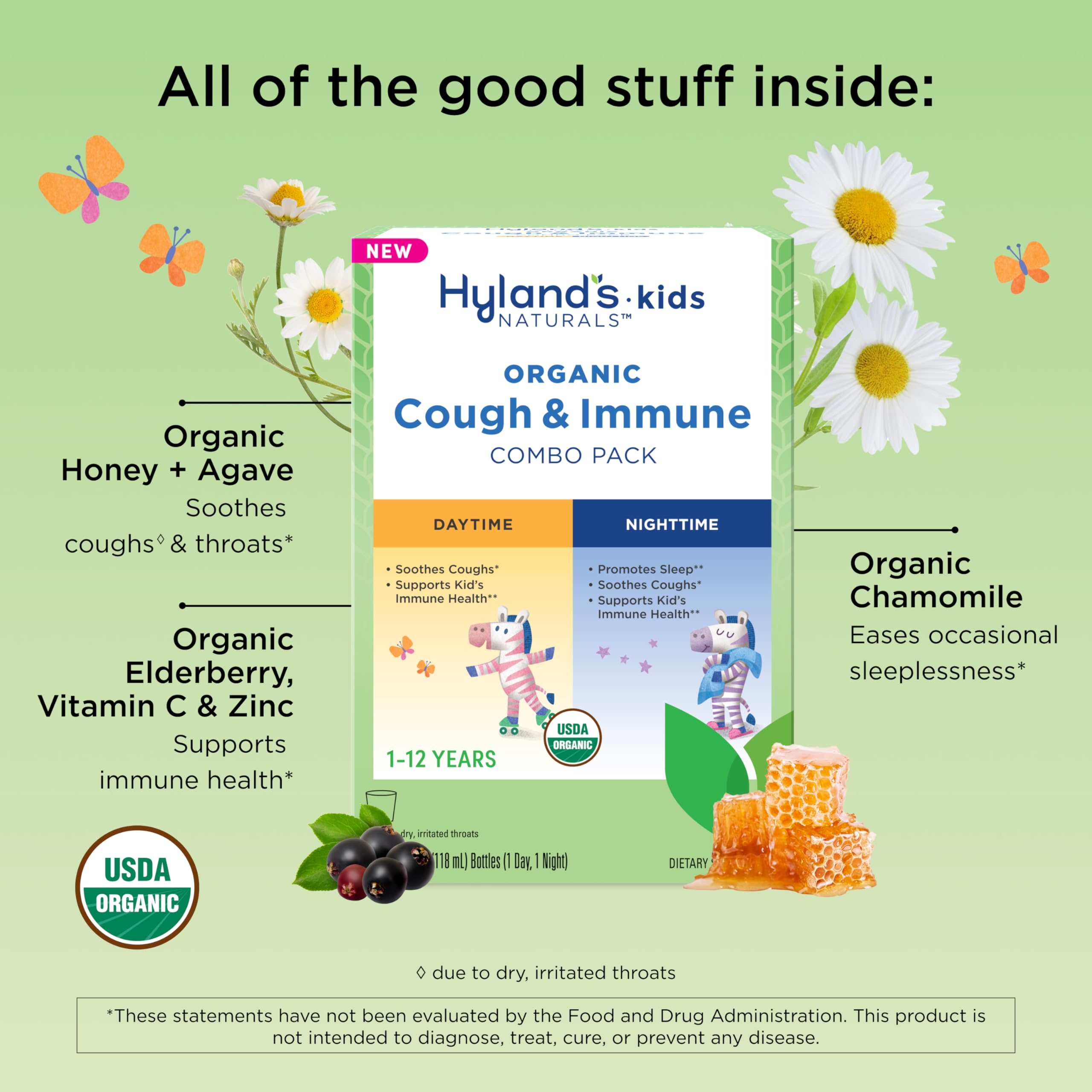Hylands Kids Organic Cough and Immune Day and Night Combo Pack, Eases Coughs, Supports Immunity, Promotes Sleep, Two 4 Fl Oz. B