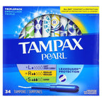 Tampax Pearl Tampons Multipack, Light/Regular/Super Absorbency, With Leakguard Braid, Triple Pack, Unscented, 34 Count