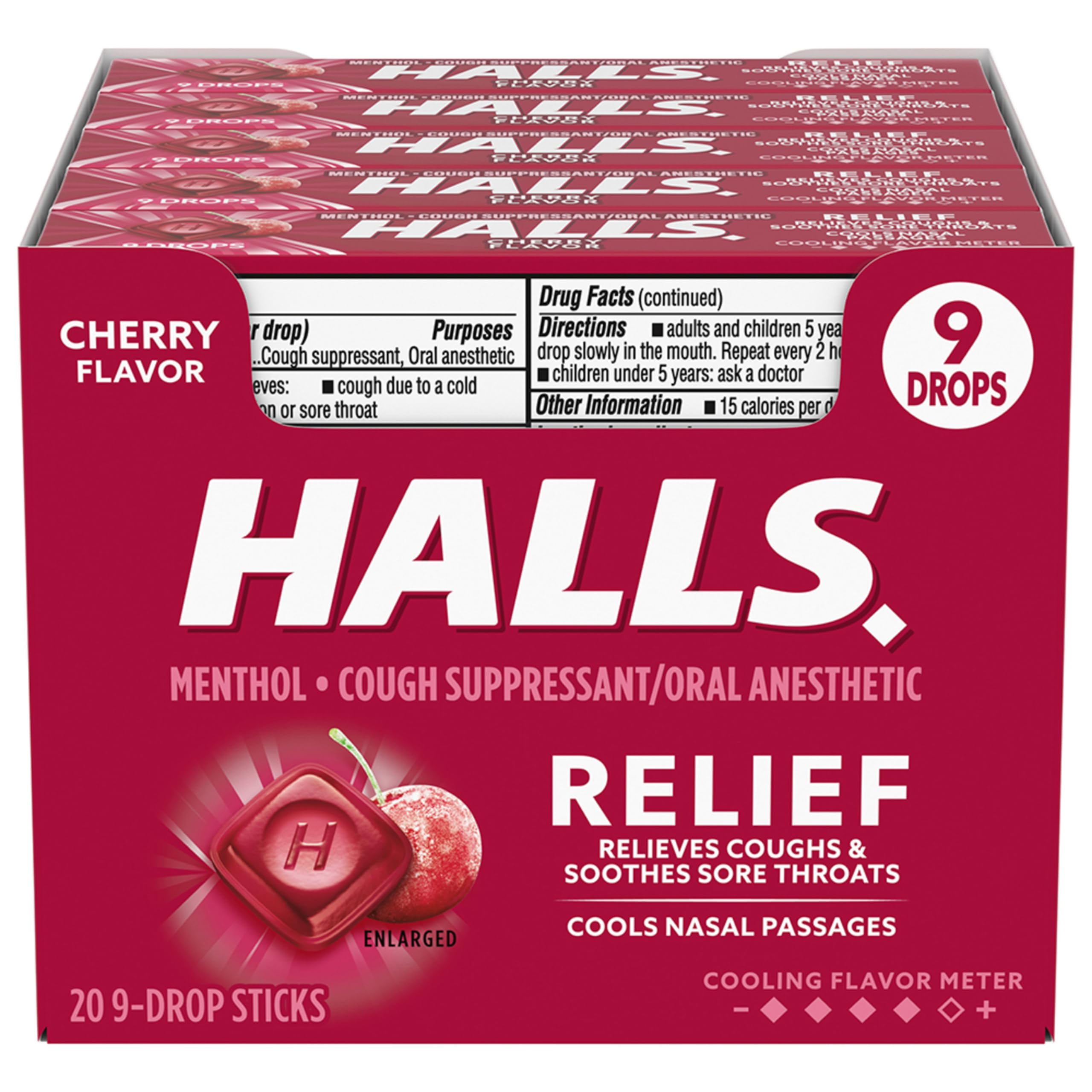 Halls Halls Cherry Cough Drops - with Menthol - 180 Drops (20 sticks of 9 drops), 20 Count