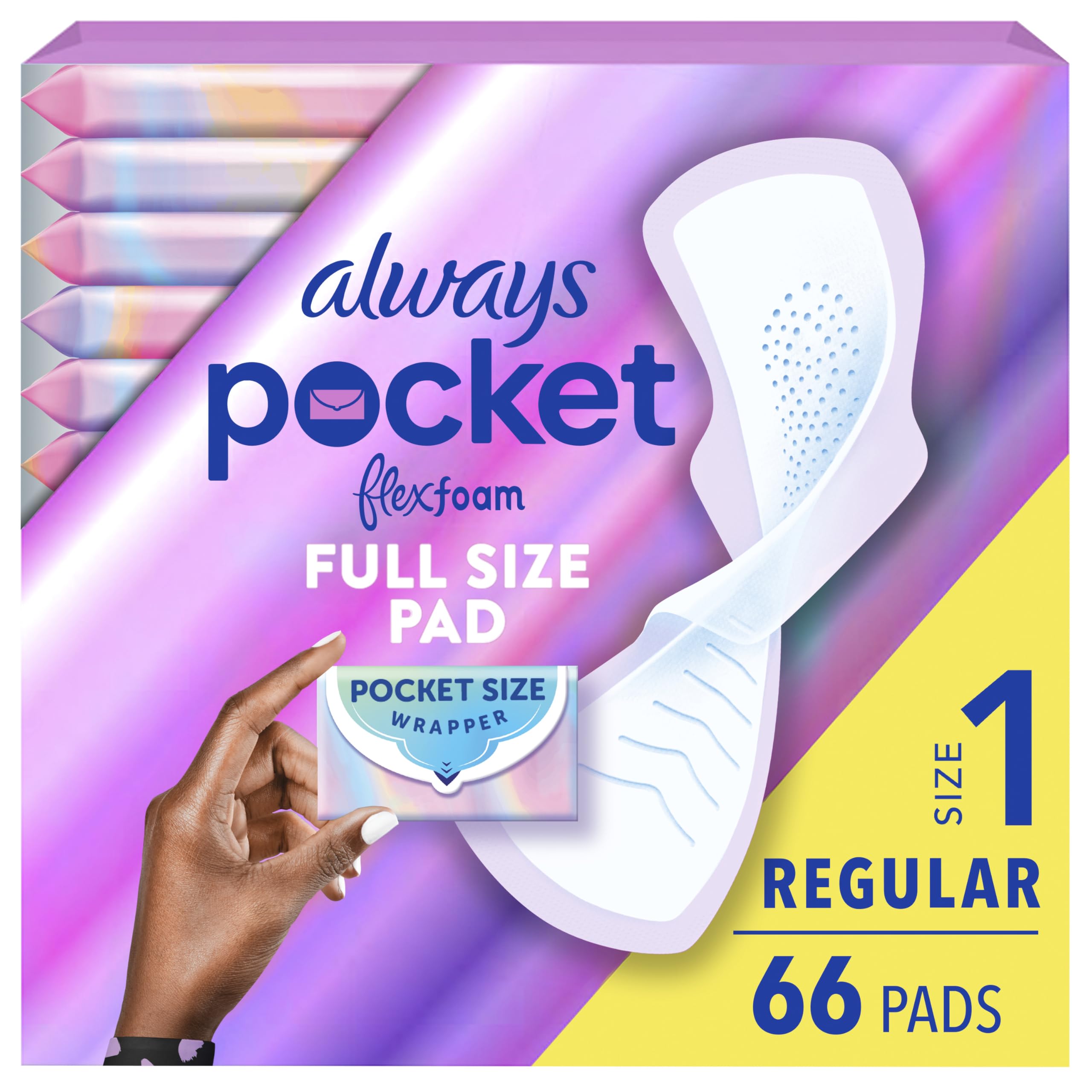 Always Pocket Feminine Pads for Women with FlexFoam, Size 1, Regular, with Wings, Unscented, 66 Count