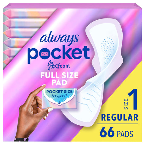 Always Pocket Feminine Pads for Women with FlexFoam, Size 1, Regular, with Wings, Unscented, 66 Count