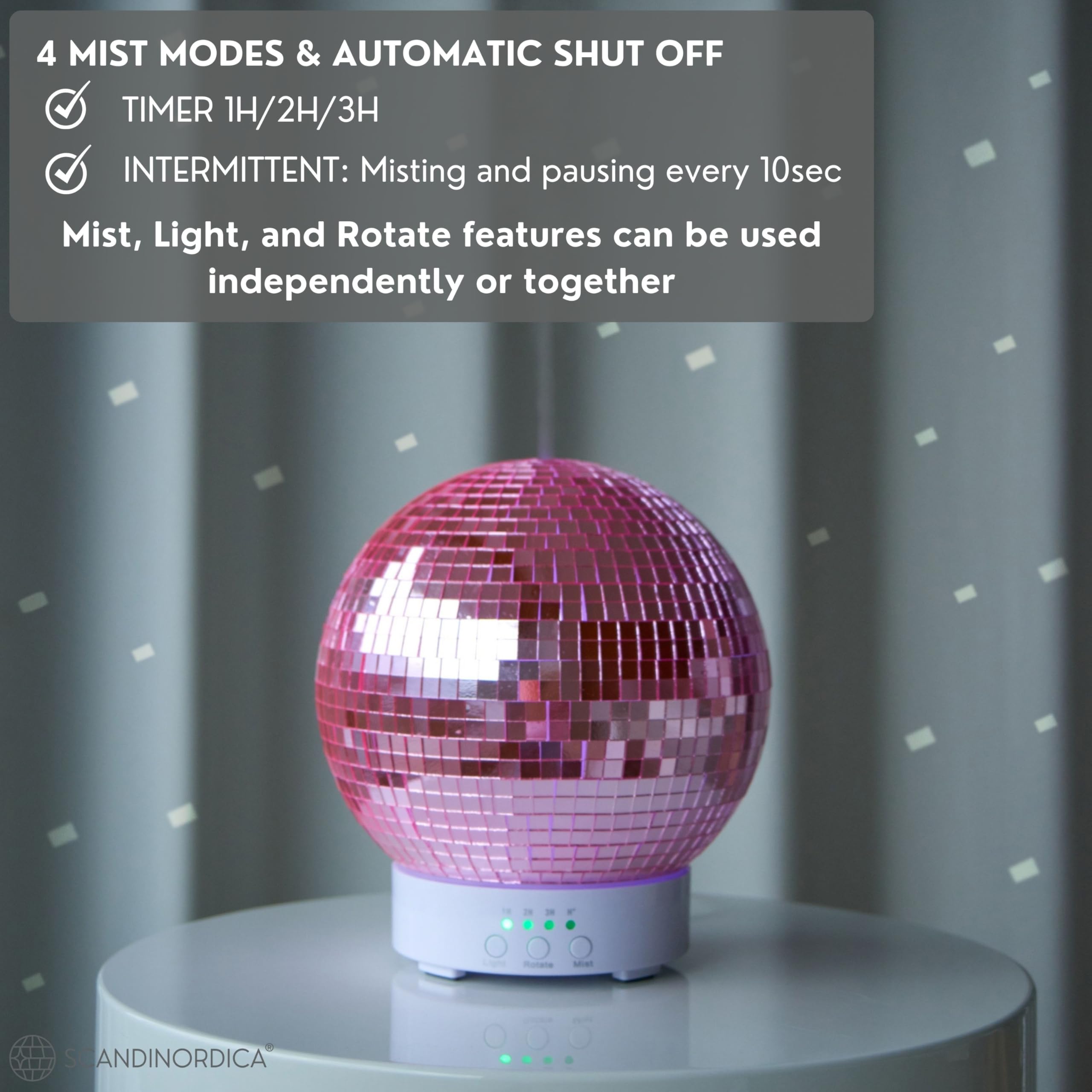 SCANDINORDICA Disco Ball Diffuser Rotating - 300 ML Essential Oil Diffuser with Whisper Quiet Operation, Night Lights, Cute Maxi