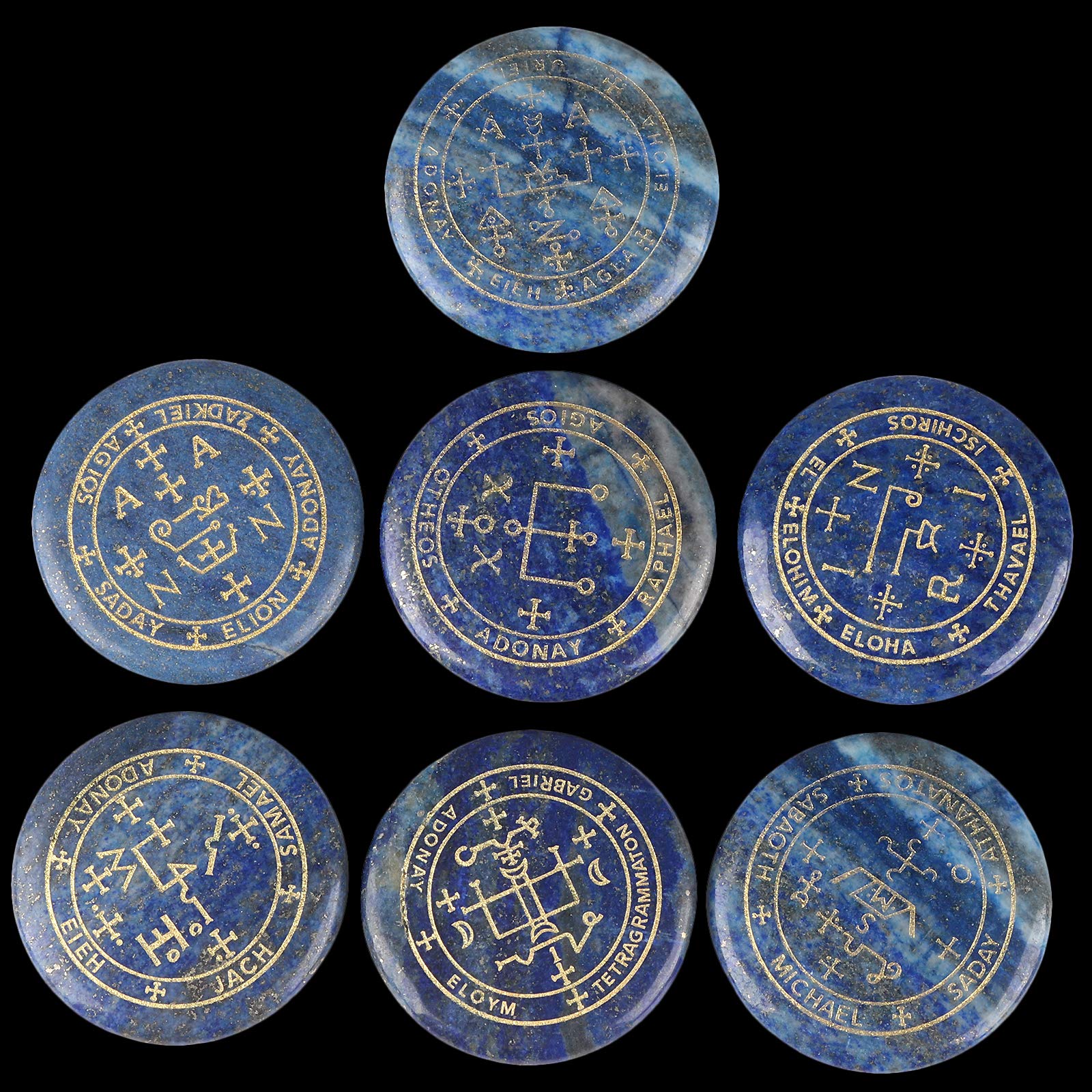 mookaitedecor 7 Piece Lapis Lazuli Stones with Engraved Magic Archangel Symbol Polished Palm Stone for Reiki Crystal Healing