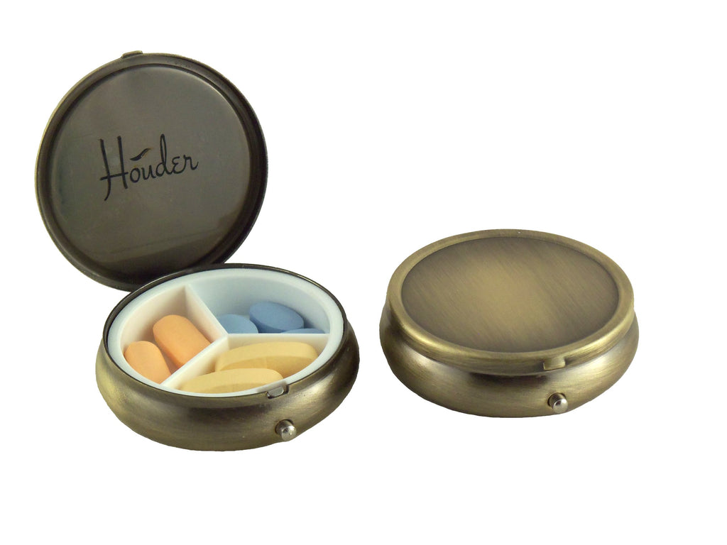 Classy Brass Pill Box - Decorative Pill Case with Gift Box - Carry Your Meds in Style (Round)