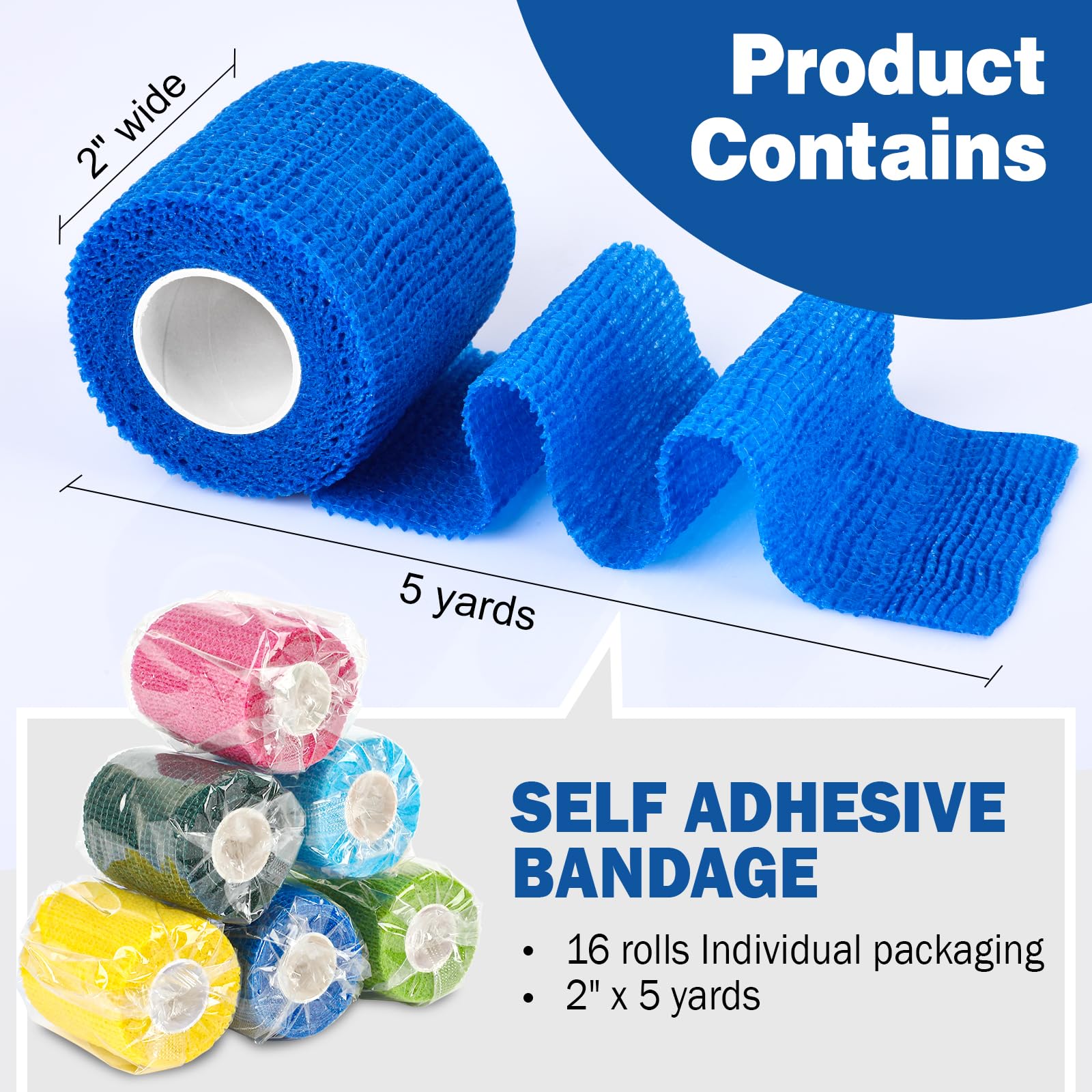 AZEN 16 Pack Self Adhesive Bandage Wrap, 2 X 5 Yards Elastic Cohesive Bandage Wrap, Color Athletic Tape, Vet Wrap, Ankle Tape, T
