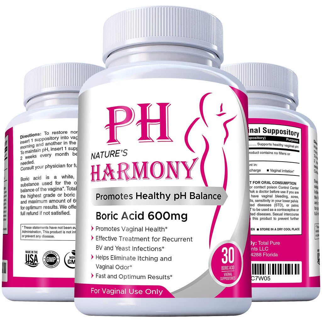 PURE PLANT HOME Boric Acid Suppositories Natures Harmony 30 Count 600 mg 100% Pure Made in USA