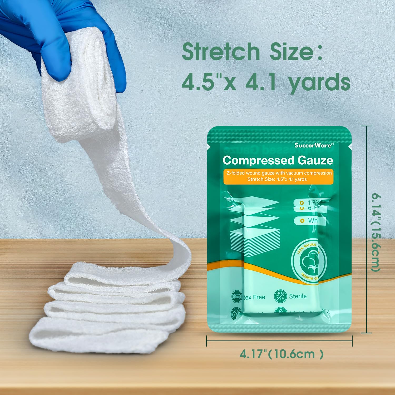 SuccorWare 8 Packs Sterile Compressed Gauze with Z-Folded - Wound Gauze for Bleed Stop, 4.5 x 4.1 Yards, 6-Ply - for First Aid K