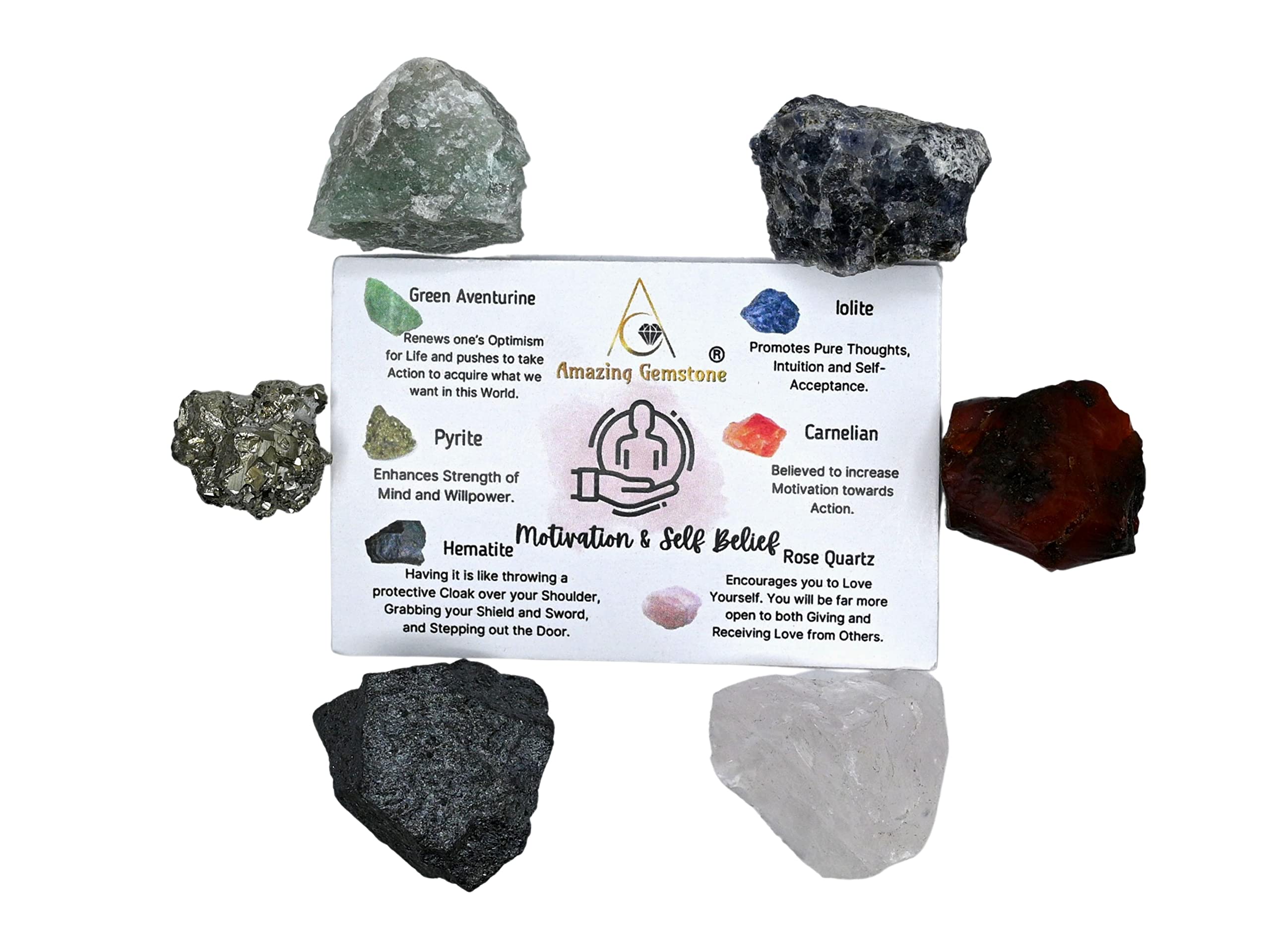Crystals for Motivation & Self Belief Manifestation, Set of 6 Green Aventurine, Pyrite, Hematite, Iolite, Carnelian and Rose Qua