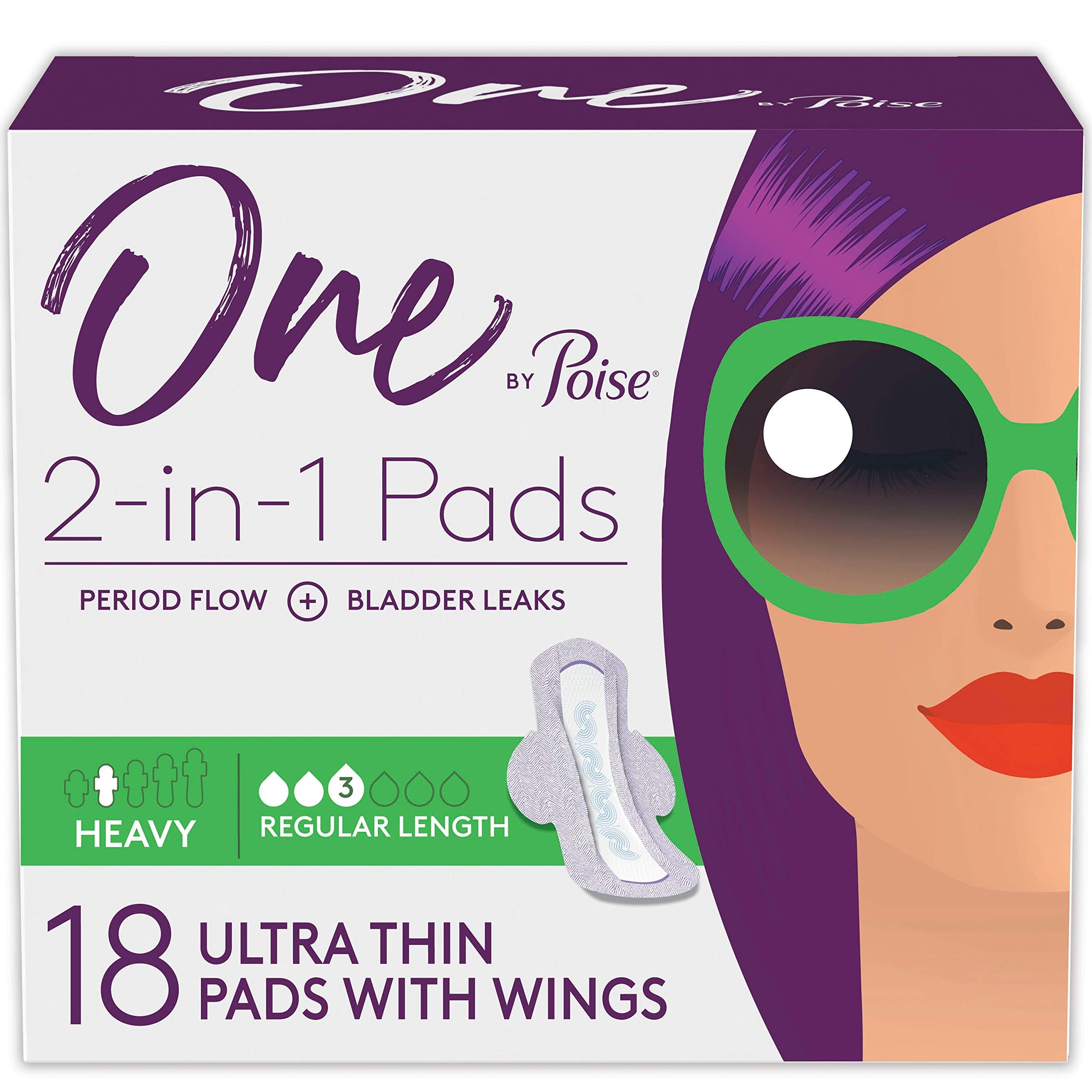 One by Poise Feminine Pads with Wings (2-in-1 Period & Bladder Leakage Pad for Women), Regular, Heavy Absorbency for Period Flow