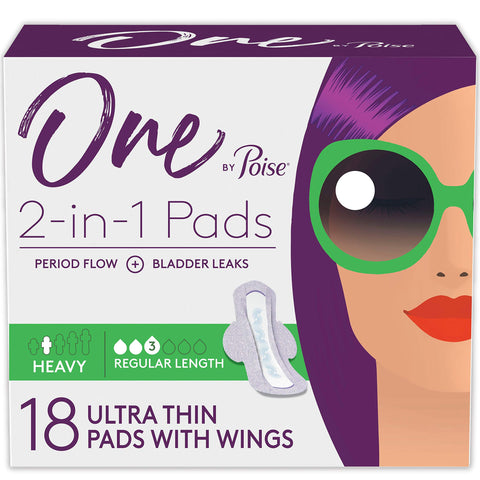 One by Poise Feminine Pads with Wings (2-in-1 Period & Bladder Leakage Pad for Women), Regular, Heavy Absorbency for Period Flow