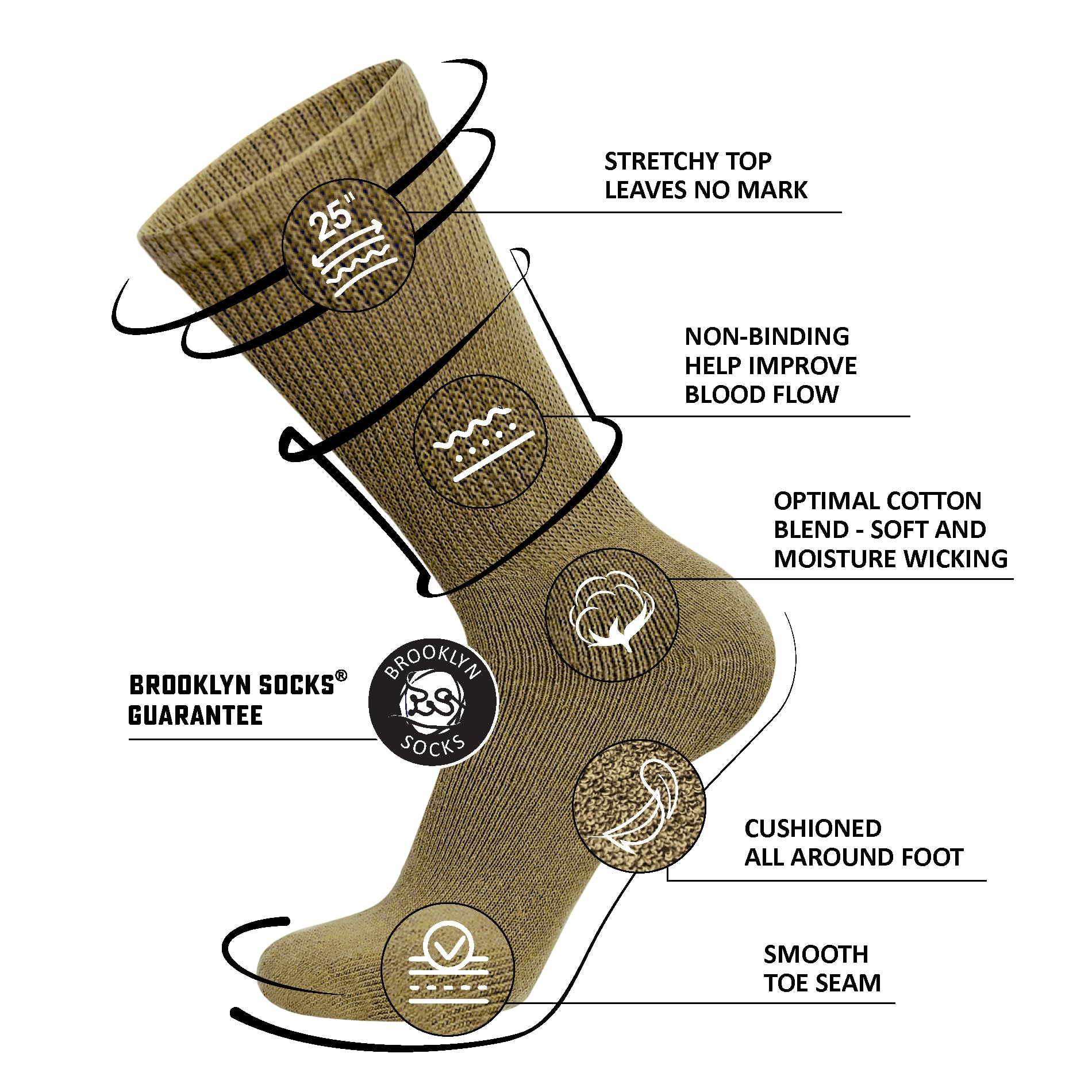 6 Pairs of Cotton Diabetic Non-Binding Neuropathy Crew Socks (Khaki, Fits Mens Shoe Size 9-12/Womens Shoe Size 10-13)