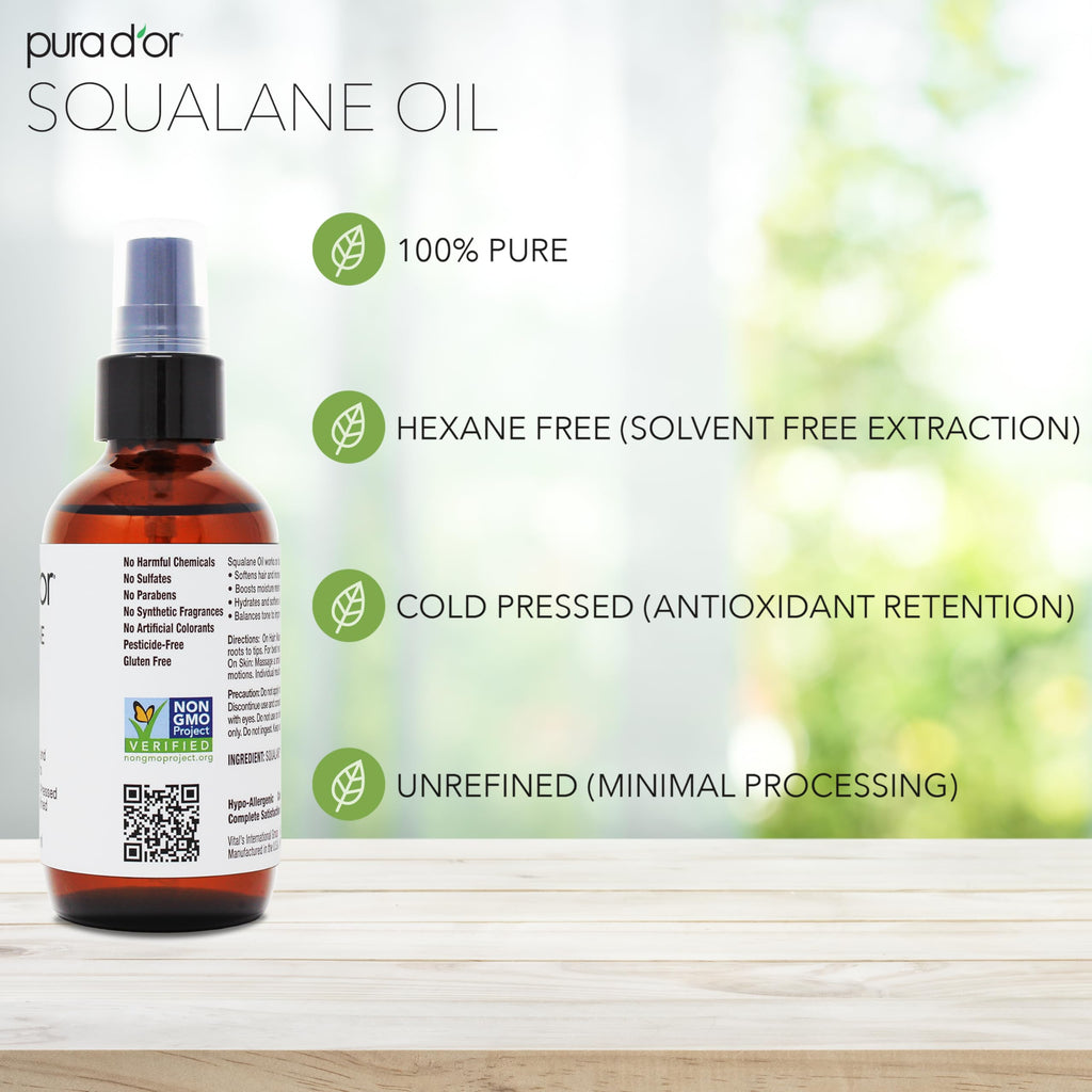 PURA DOR 3.38 Oz Squalane Oil - Non-GMO 100% Pure & Natural - Moisturizer For Face, Hair And Body - Vegan, Cruelty-Free with An