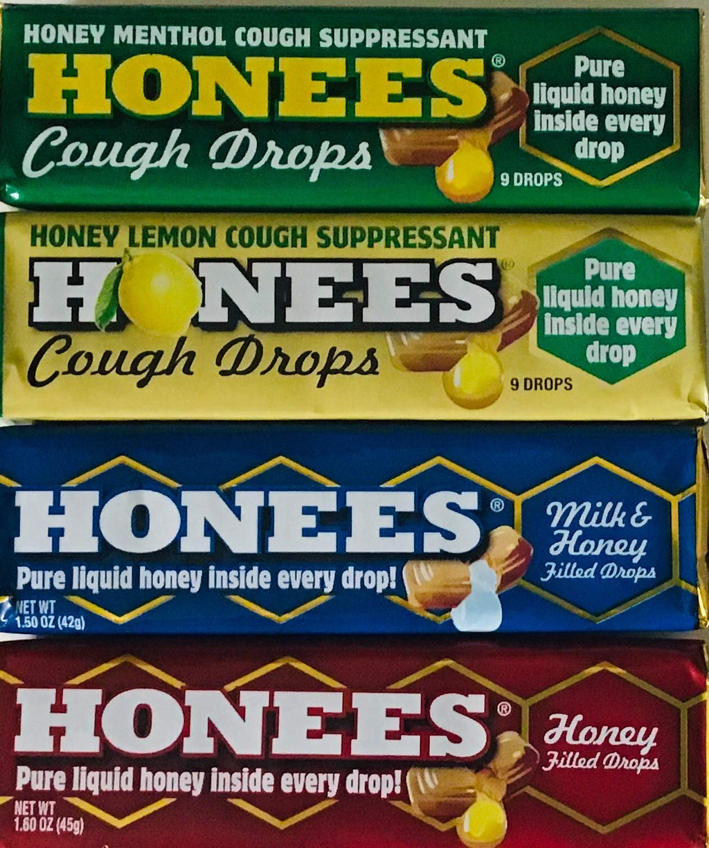 Honees Honey Filled Drops, Variety Pack (Honey, Milk & Honey, Honey Lemon, and Menthol)-Natural Sore Throat Relief - Throat Loze