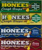 Honees Honey Filled Drops, Variety Pack (Honey, Milk & Honey, Honey Lemon, and Menthol)-Natural Sore Throat Relief - Throat Loze