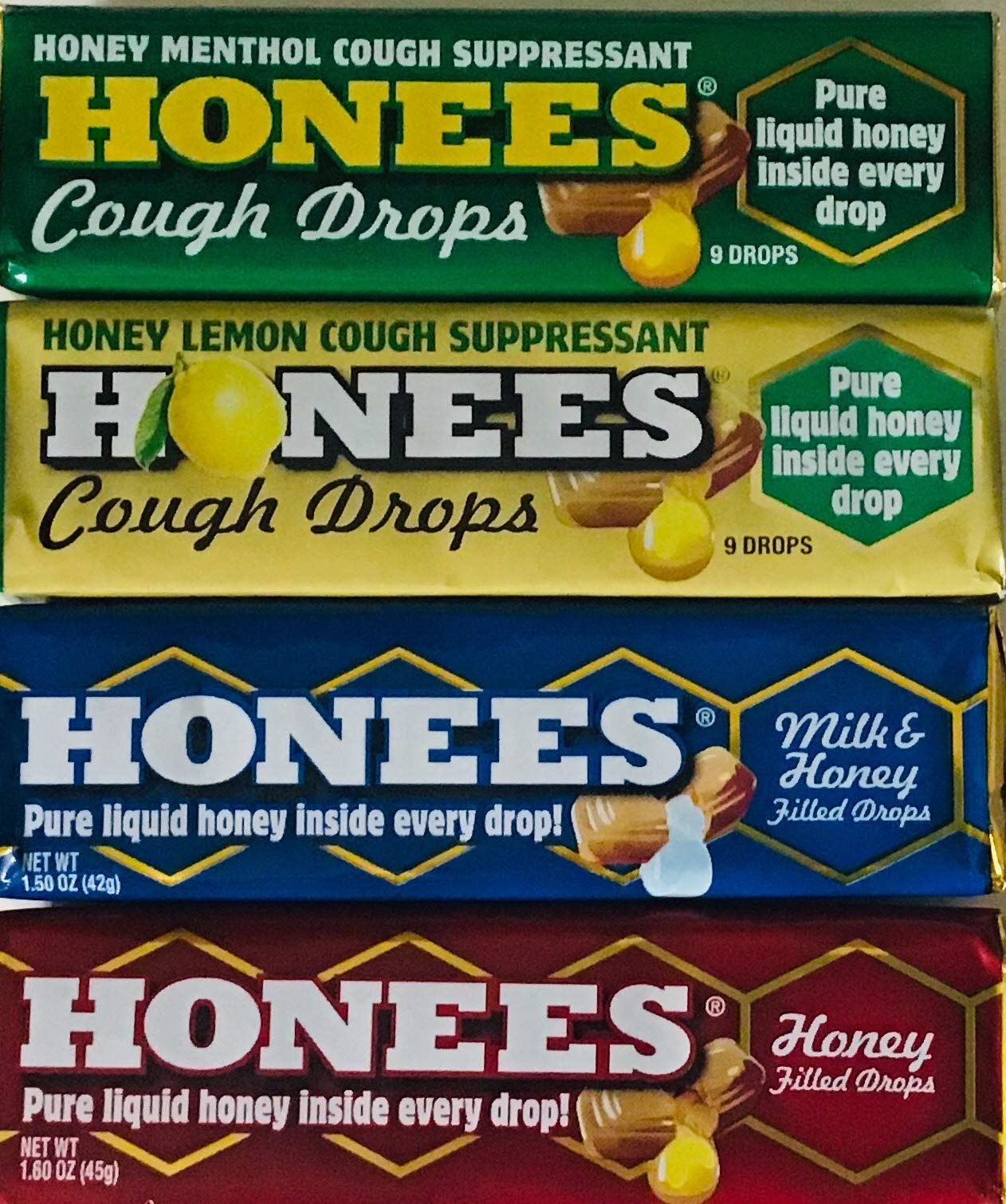 Honees Honey Filled Drops, Variety Pack (Honey, Milk & Honey, Honey Lemon, and Menthol)-Natural Sore Throat Relief - Throat Loze