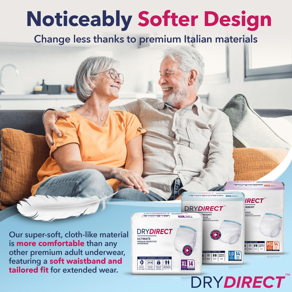 Dry Direct Ultimate Underwear, Made-in-USA Adult Diapers, Max Absorbency Disposable Incontinence Protection - Large (Case of 64)