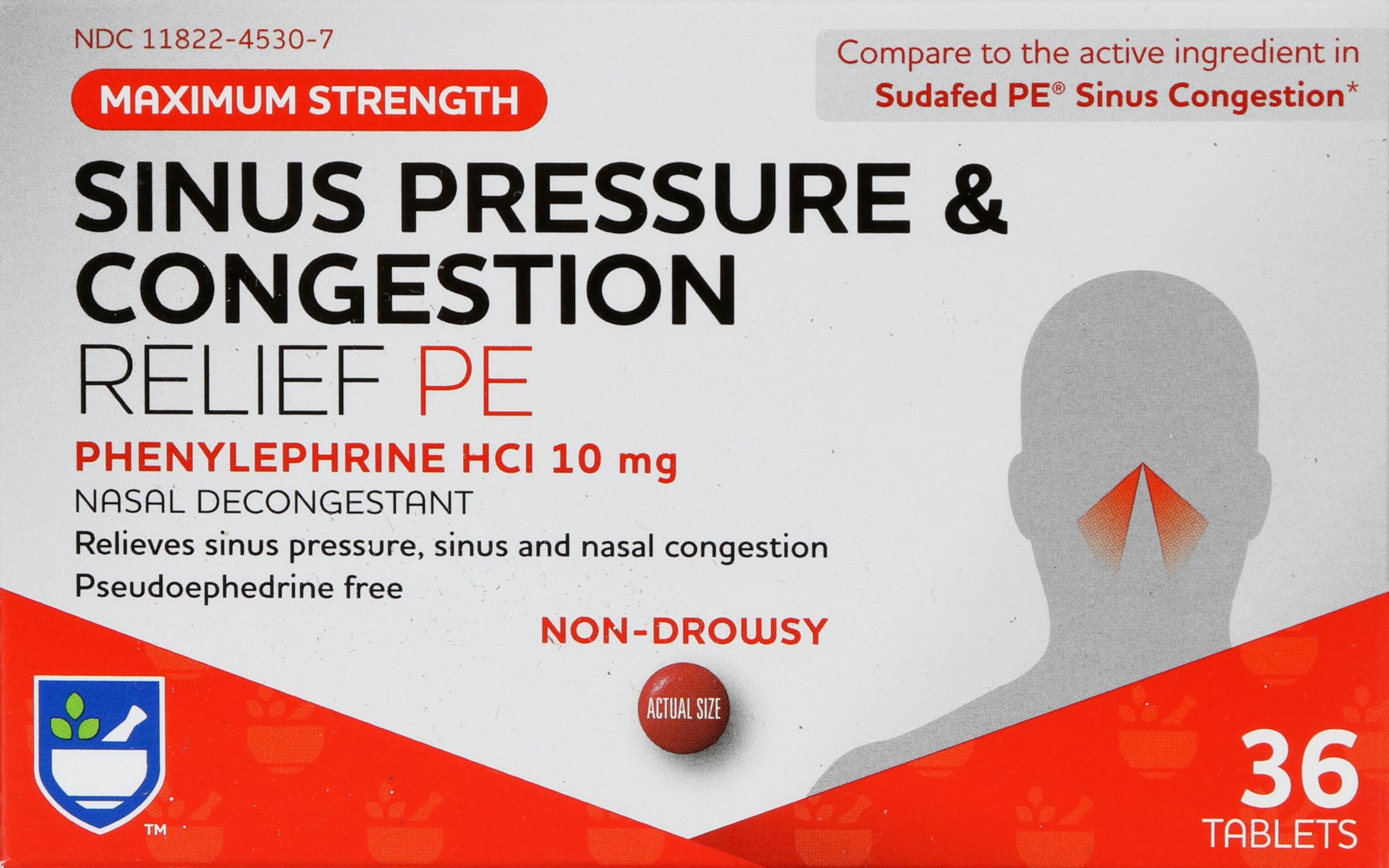 Rite Aid Sinus Pressure and Congestion Non-Drowsy Relief PE, 10mg - 36 Tablets Nasal Decongestant | Sinus Relief | Allergy Medic