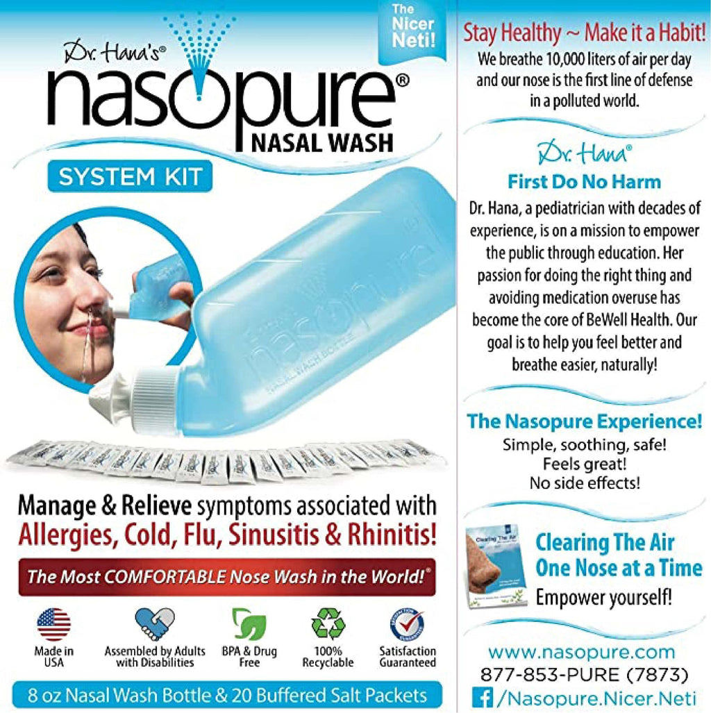 Nasopure Nasal Wash, System Kit, The Nicer Neti Pot    Sinus Wash Kit, Comfortable Nasal Rinse 8 Oz Bottle & 20 Salt Packets (3.