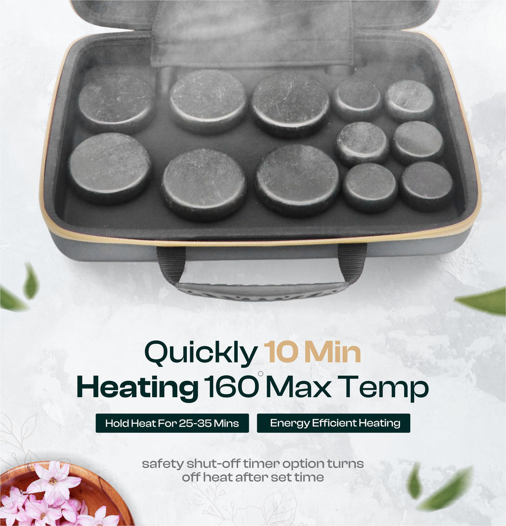 BlissFlow Hot Stones Massage Set with Portable Warmer, 12 Basalt Massage Stones, Hot Rocks Massage Stones, Hot Stone Warmer with