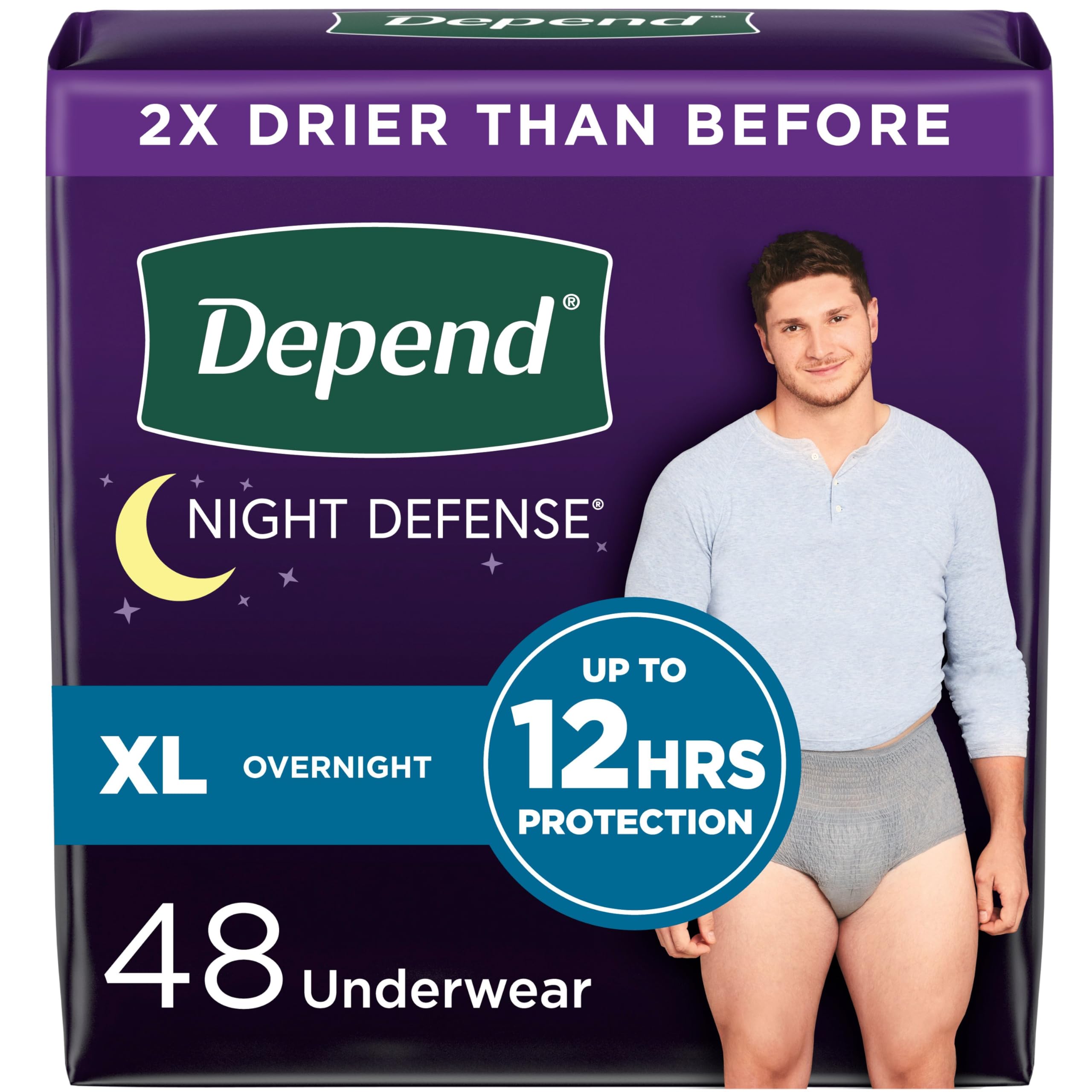 Depend Night Defense Adult Incontinence Underwear for Men, Disposable, Overnight, Extra-Large, Grey, 48 Count (4 Packs of 12), P