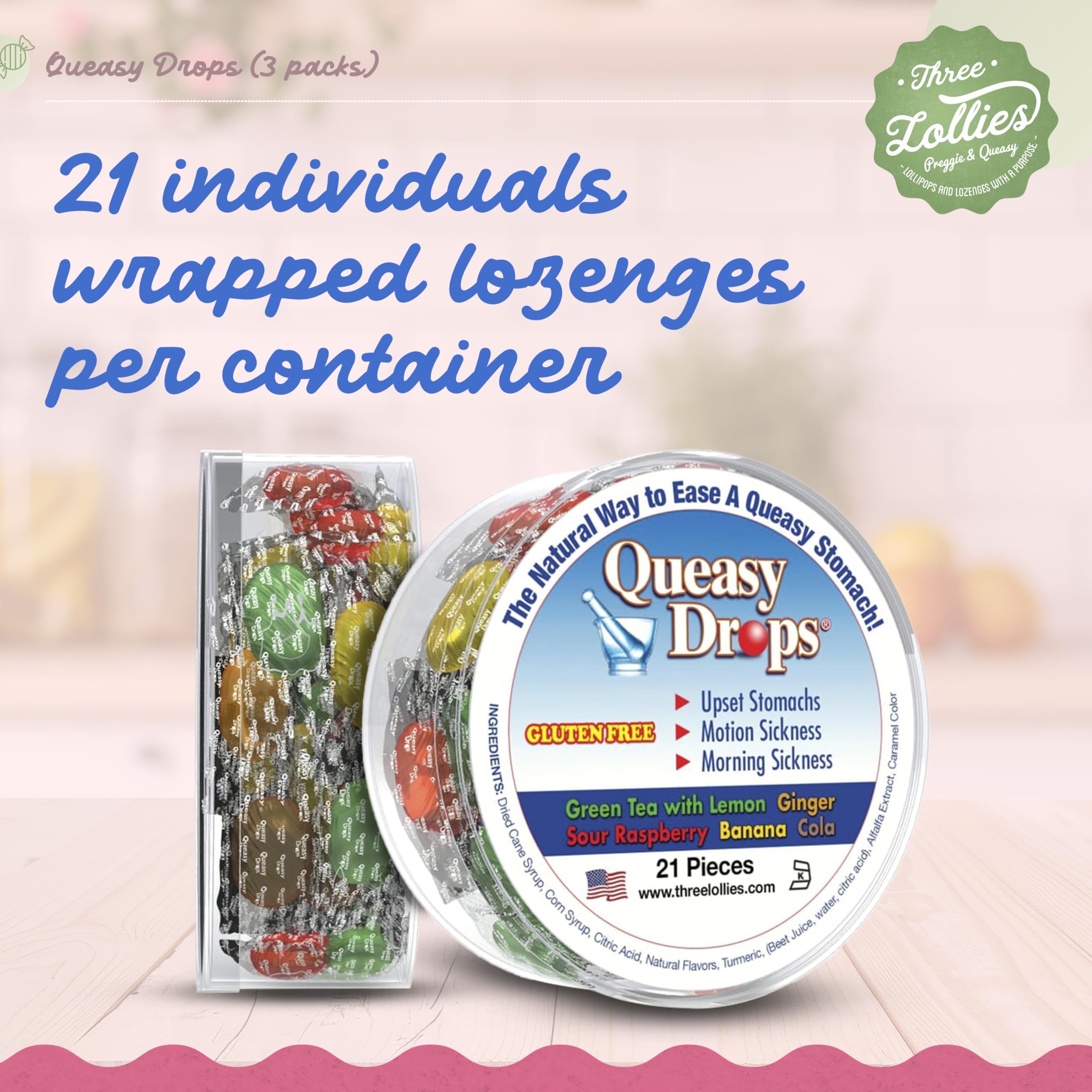 Three Lollies Queasy Drops - Relief from Nausea & Travel Sickness - Relieves a Dry Mouth & Settles The Stomach - Natural Ingredi