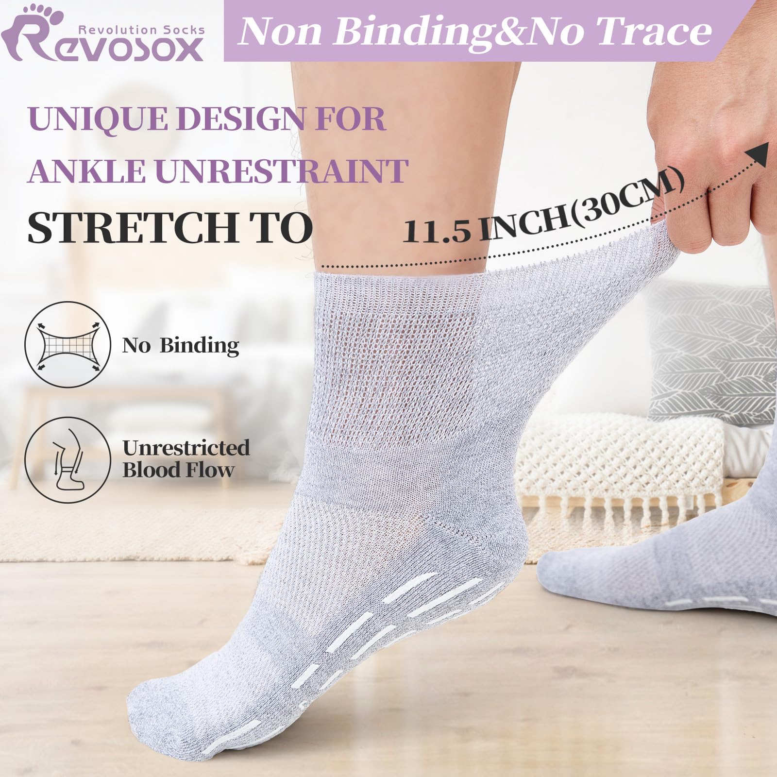 Revosoxs Diabetic Socks with Grippers for Men Women,5 Pairs Non Binding Diabetic Ankle Socks with Grips,Seamless Socks for Women